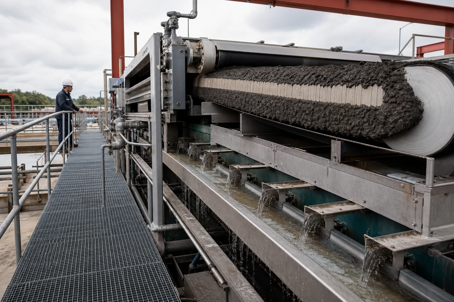 Belt press used to separate water from conditioned sludge