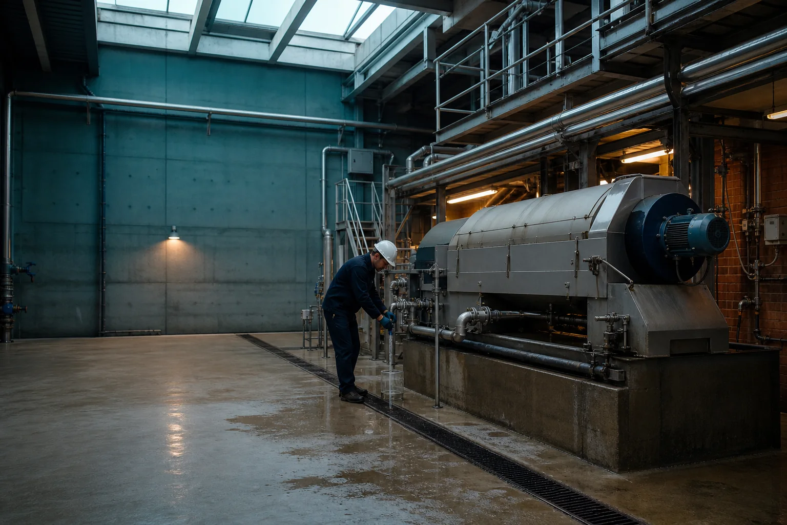 Dewatering centrifuge and process operator inside a treatment hall