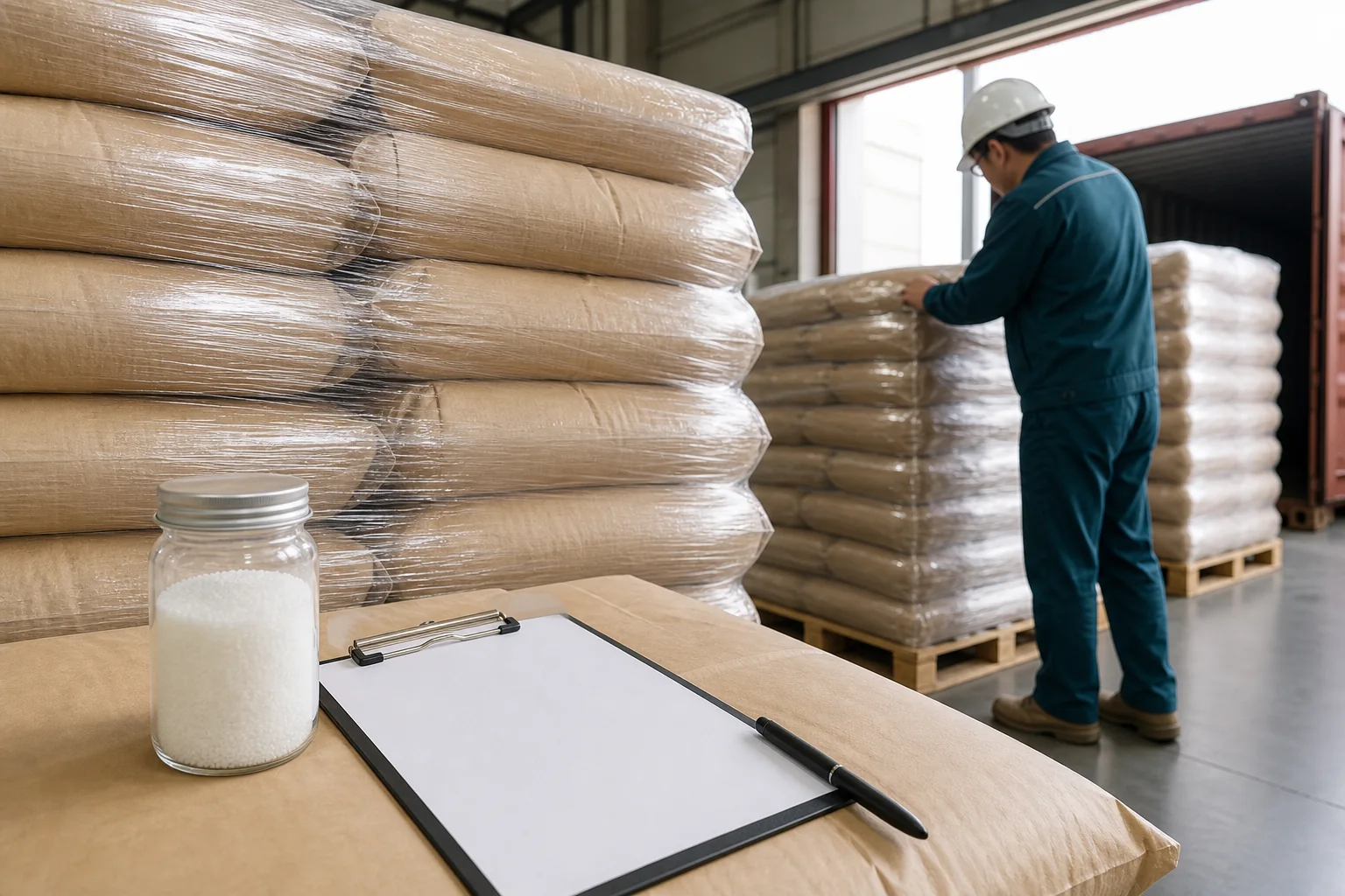 Packaged polymer in an industrial storage area